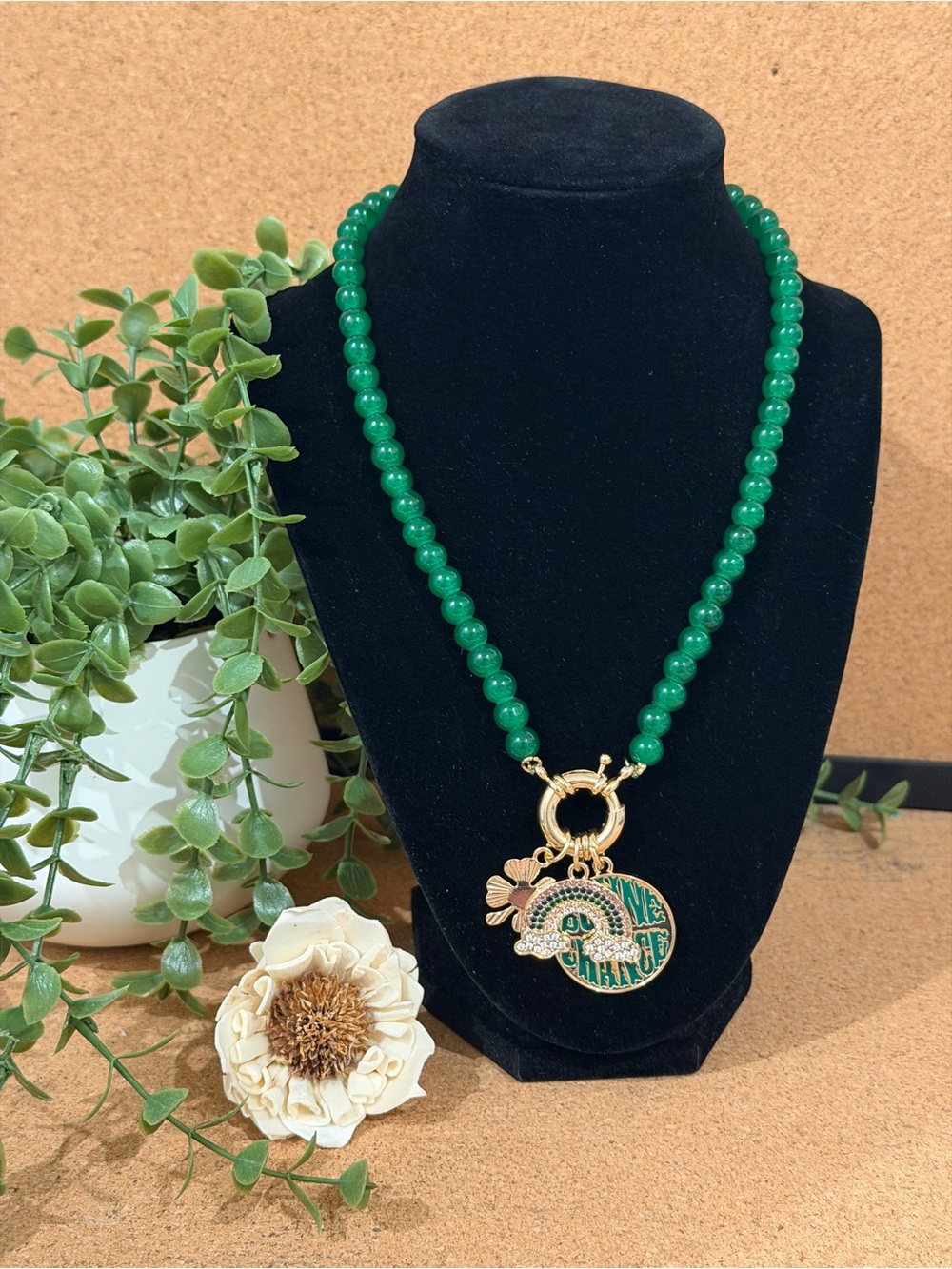 Plunder Green Beaded Necklace with Gold Charm Medallion